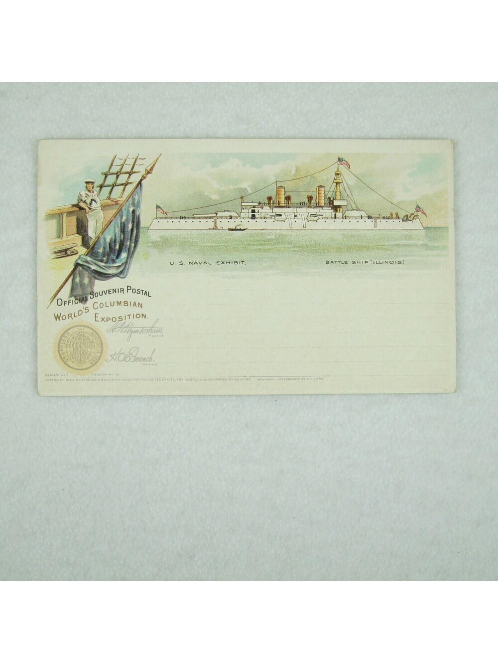 Antique 1893 Worlds Fair Columbian Expo Post Card Naval Battleship Illinois RARE